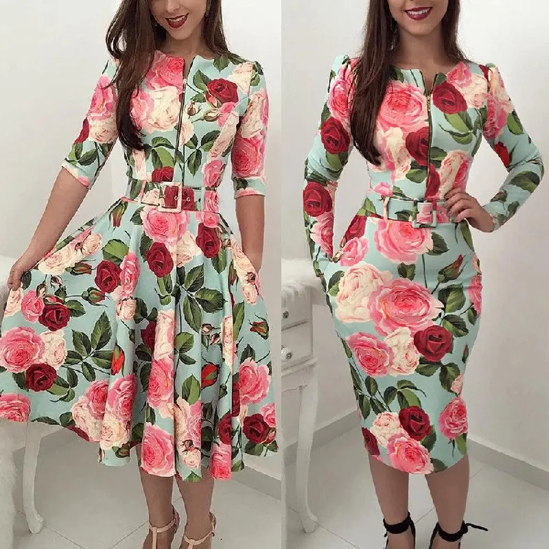 Women Floral O Neck Long Sleeve Dress