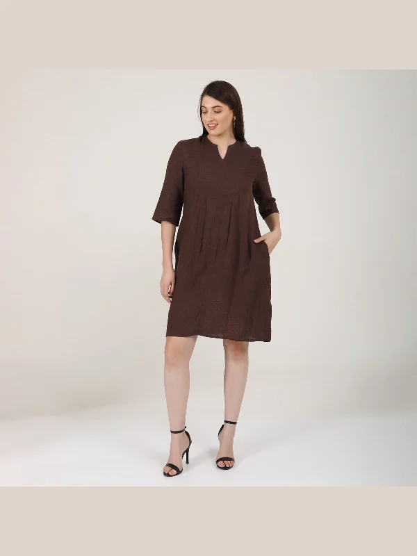 Linen Solid Panelled Dress Coffee