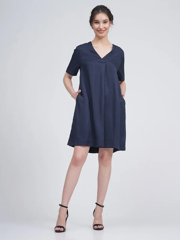 Modal Front Pleat Dress Navy