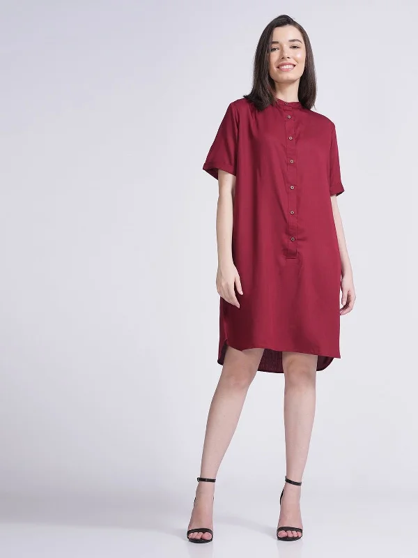 Modal Mandarin Collar Dress Maroon