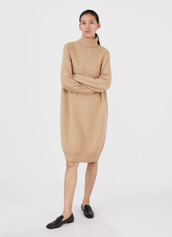 Women's Lambswool Roll Neck Dress in Light Camel