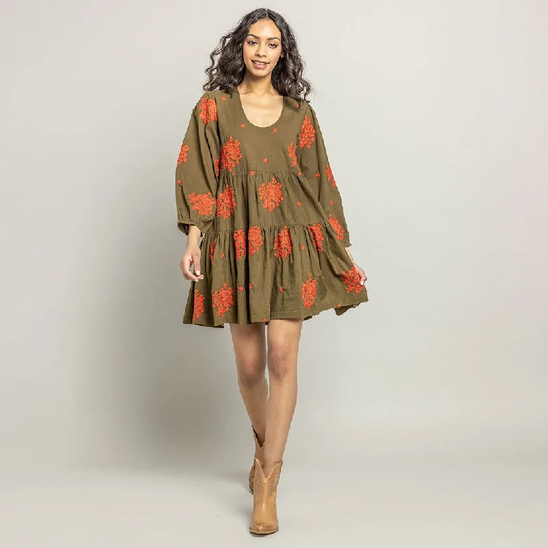 Womens Michelle Dress - Dark Olive W/ Embroidery