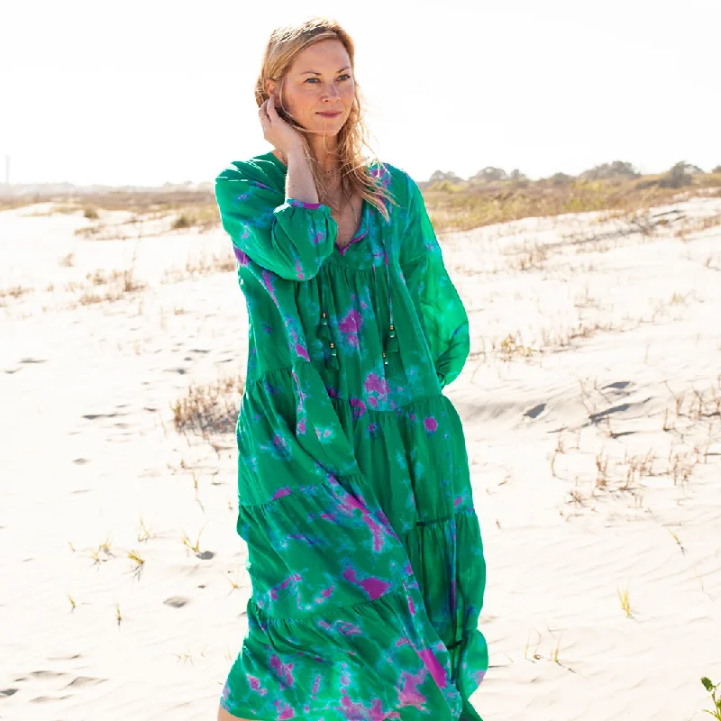 Womens Silk Indira Dress - Magenta Green Tie Dye