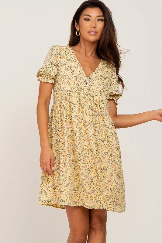 Yellow Floral V-Neck Button Dress