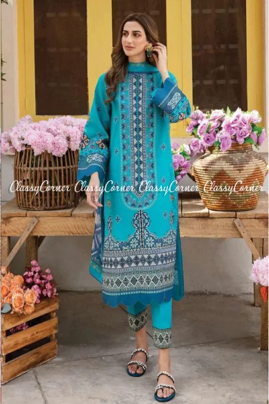 Zinc Blue Printed Lawn Embroidered Salwar Kameez