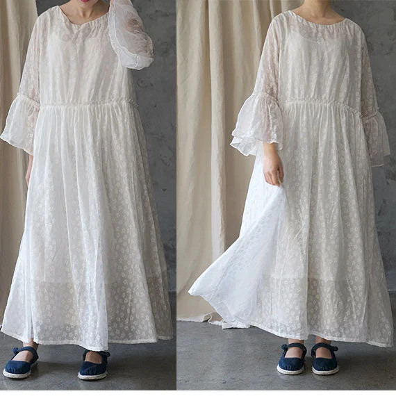 Silk linen Women  Dresses 3/4 Sleeves Long Skirts CH90423