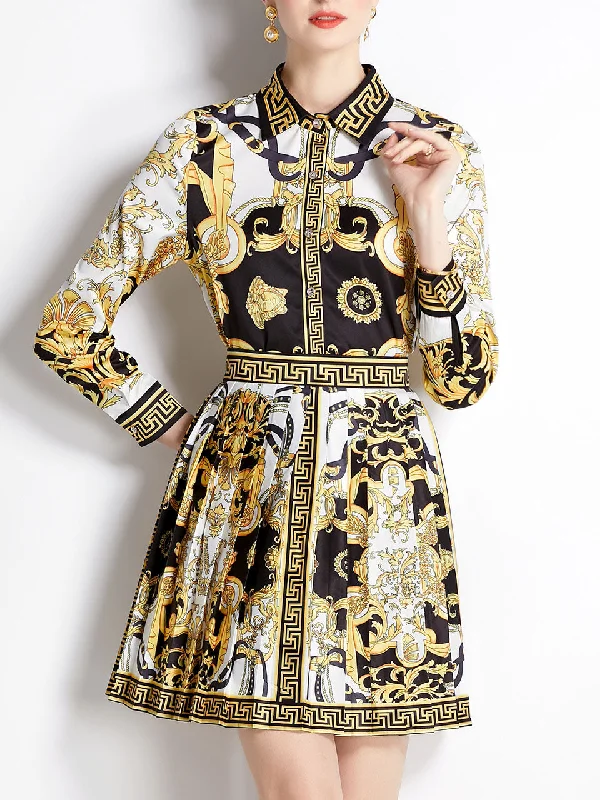 2PS Gold Baroque Print Shirt With Long Sleeve And Mini Pleated Skirt Suit