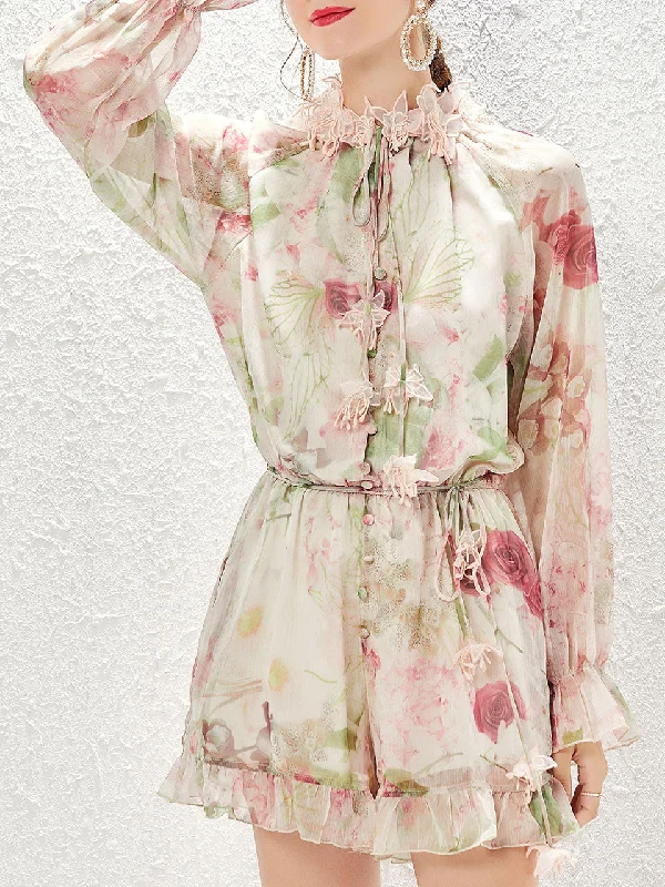 Apricot Ruffles Collar Floral Print Long Sleeve Bohemian Jumpsuit Short Romper