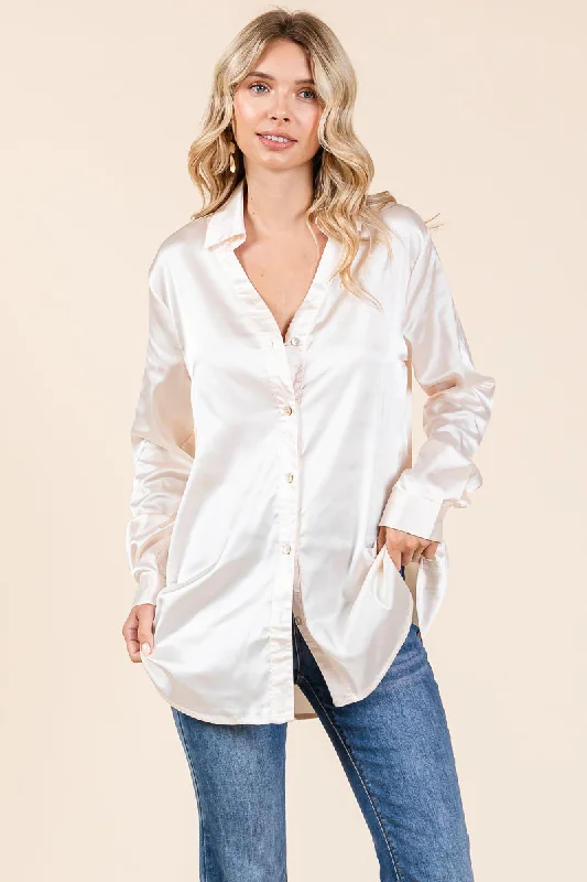 Collared Long Sleeve Button Up Satin Blouse Shirt