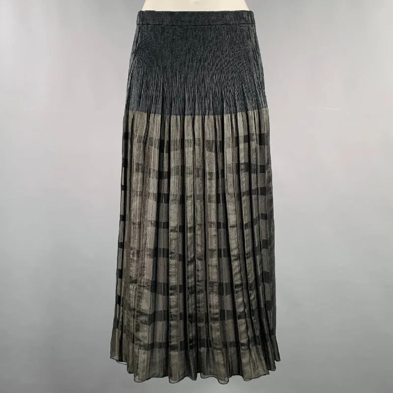 ISSEY MIYAKE Size M Black Grey Polyester Blend Stripe Pleated Long Skirt