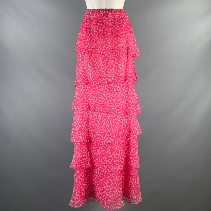 OSCAR DE LA RENTA Size 8 Pink White Dots Ruffle Long Skirt