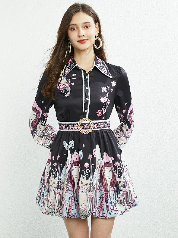 Pocketed Skirt Collar Floral Printed Long Sleeves Boho Dress