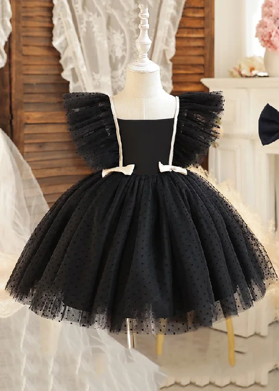 Art Black Square Collar Bow Tulle Kids Mid Dress Sleeveless F4191