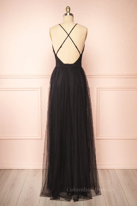 Black Plunging V Neck Crossed Back A-line Tulle Long Prom Dress