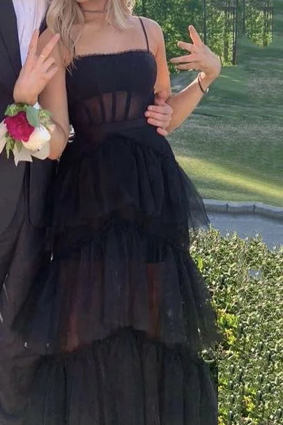 Black Corset Prom Dress, Elegant A-line Layered Tulle Corset Prom Dresses,Sheer Corset Long Evening Dress outfit