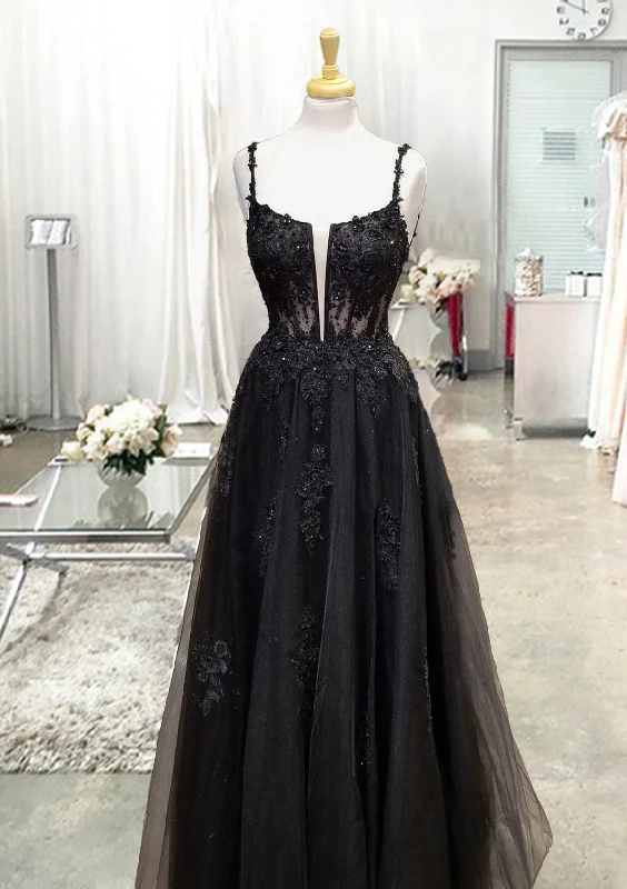 Black Corset Prom Dresses, A-line Square Neckline Spaghetti Straps Long/Floor-Length Tulle Corset Prom Dress With Glitter Beading Appliqued Gowns