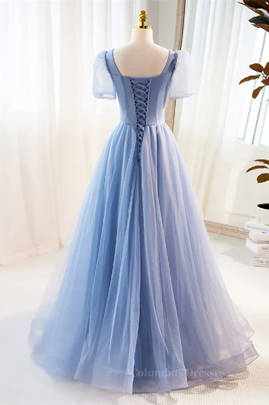 Blue Beaded Puff Sleeves A-line Tulle Long Prom Dress