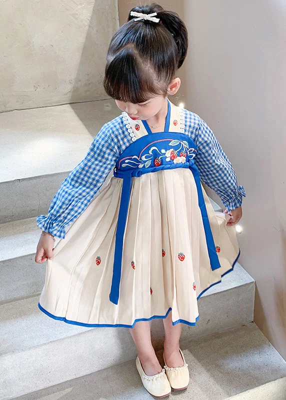 Blue Lace Up Patchwork Cotton Girls Dresses Wrinkled Fall XZ013