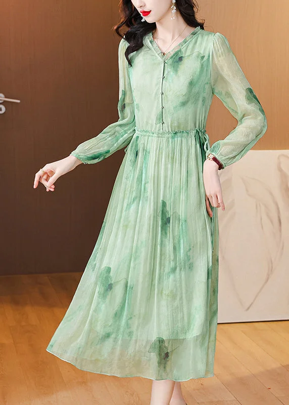 Chic Green Ruffled Print Lace Up Chiffon Dress Summer BB034