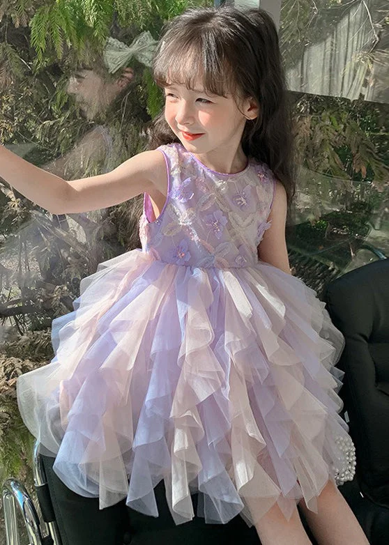 Chic Purple O-Neck Butterfly Tulle Girls Dress Sleeveless TT039