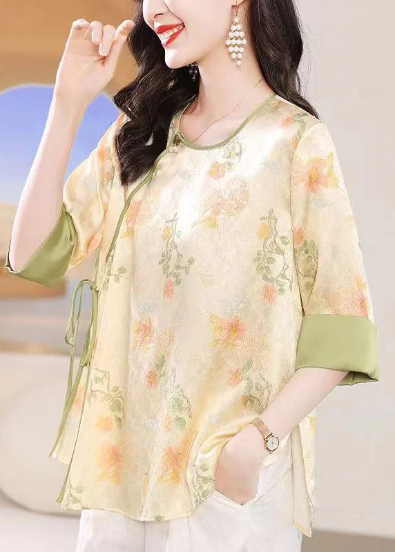 Chinese Style Apricot O-Neck Jacquard Lace Up Silk Top Summer BB027