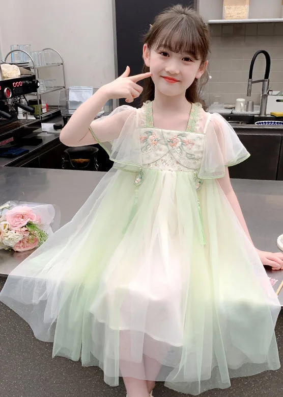 Chinese Style Green Tasseled Embroideried Tulle Girls Long Dress Summer TT030