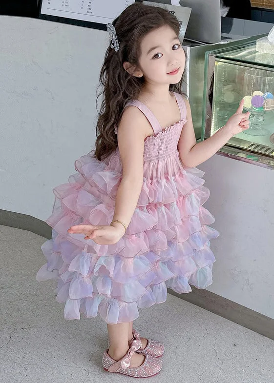 Cute Gradient Color Ruffled Tulle Girls Spaghetti Strap Dress Sleeveless TT044