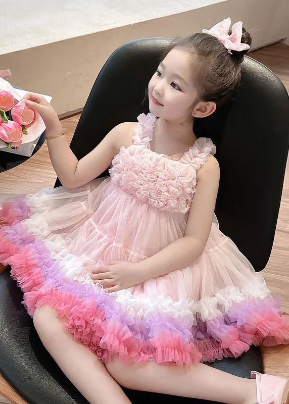 Cute Pink Slash Neck Patchwork Tulle Kids Long Dress Summer EW002