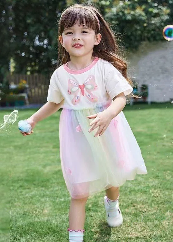 Cute Rainbow Print Tulle Patchwork Cotton Girls Dress Summer EW049