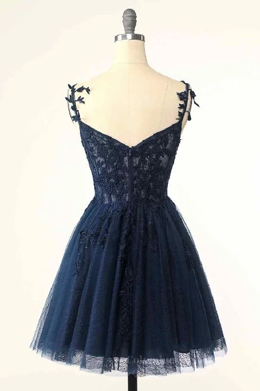 Dark Navy A-line Flower Straps Appliques Tulle Homecoming Dress