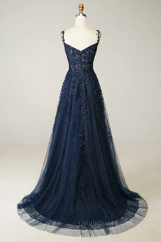 Dark Navy A-line V Neck Tulle Applique Boning Long Prom Dress