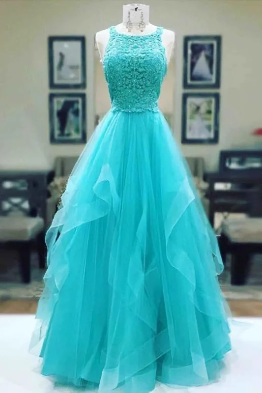 Elegant Charming Sleeveless Blue Tulle Lace Long Corset Prom Dresses outfit