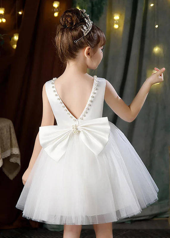 Elegant White Backless Pearl Tulle Girls Princess Dress Sleeveless TT028