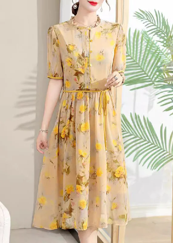 Elegant Yellow Ruffled Print Lace Up Chiffon Dresses Summer BB032