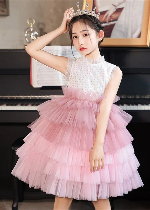 Fashion Pink Stand Collar Dot Patchwork Tulle Girls Dress Sleeveless EW030