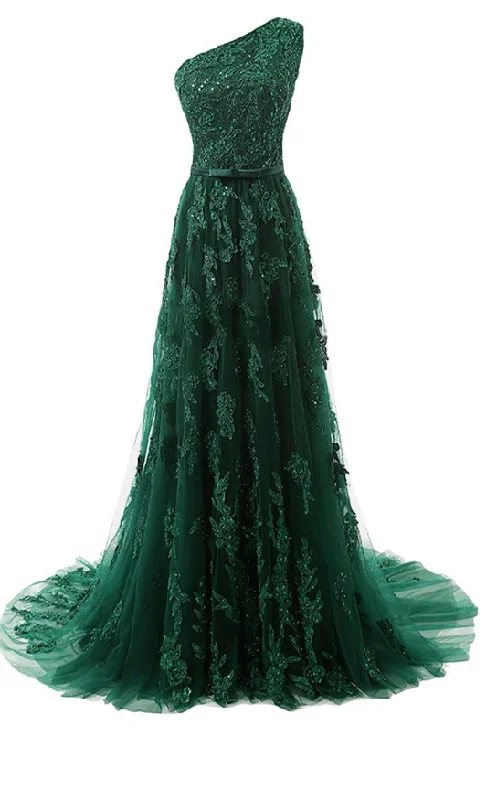 Forest Green Corset Prom Dresses, Lace Tulle Floor Length Corset Prom Dress Featuring One Shoulder Bodice With Bow Accent Belt outfits