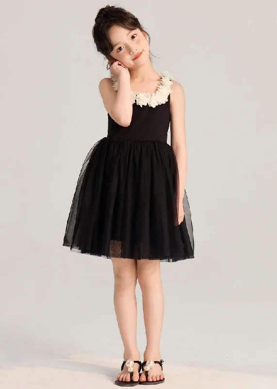 French Black Solid Tulle Patchwork Girls Mid Dress Sleeveless EW037