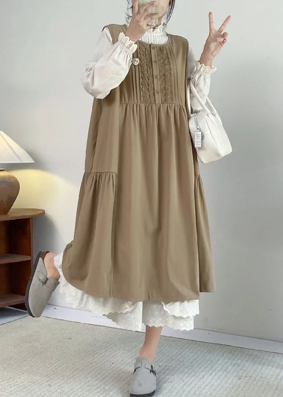 French Khaki O-Neck Lace Patchwork Long Dress Sleeveless BV029