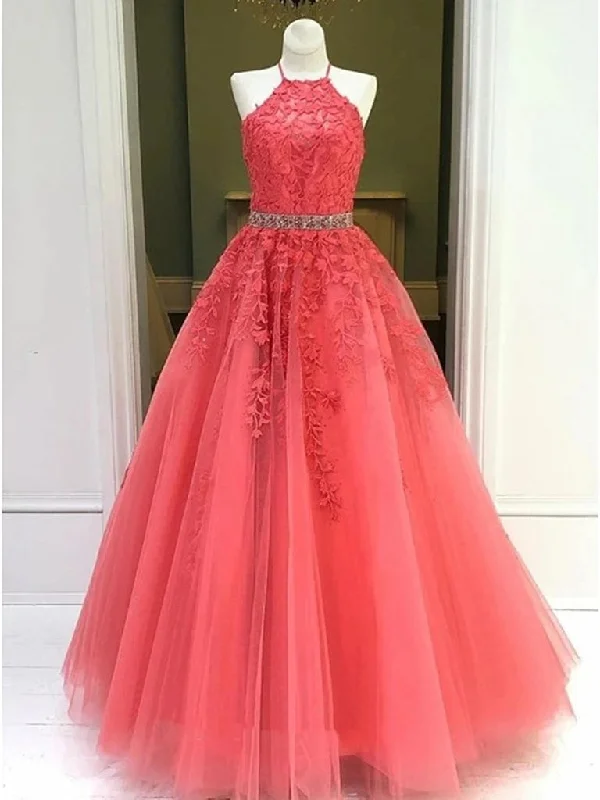 Halter Neck Coral Lace Tulle Long Corset Prom Dresses, Halter Neck Coral Lace Corset Formal Evening Dresses outfit