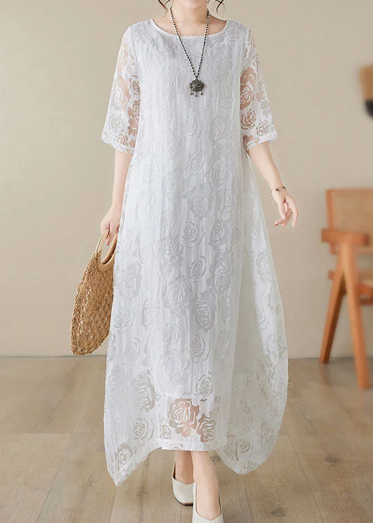 Handmade White O Neck Hollow Out Lace Dress Summer AP082