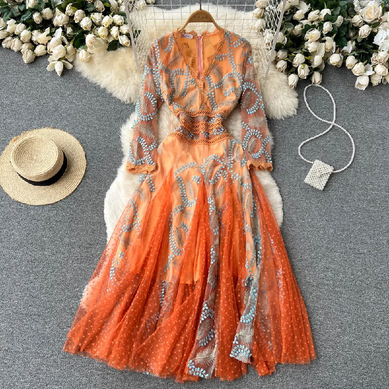 Italian Orange V-Neck Embroidery Tulle Long Sleeve Dress AR1005