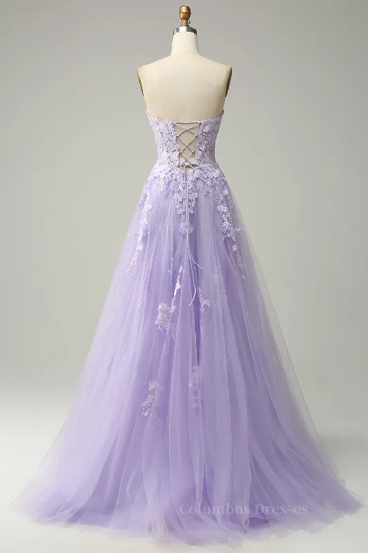 Lavender A-line Appliques Strapless Lace-Up Tulle Long Prom Dress