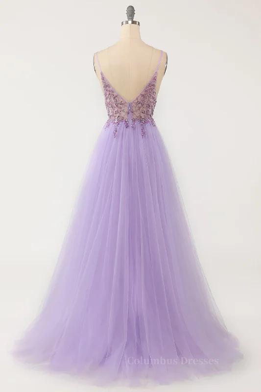 Lavender Beaded A-line Tulle Formal Dress