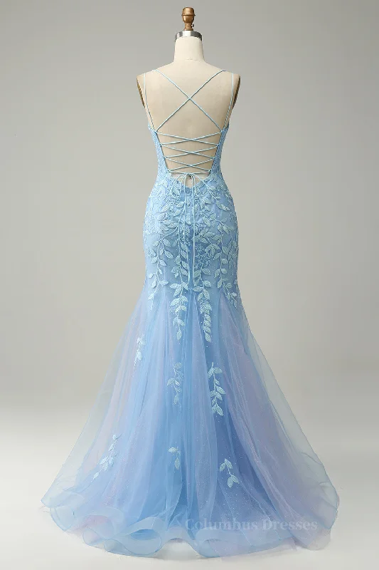 Light Blue Mermaid Lace-Up Appliques Tulle Long Prom Dress