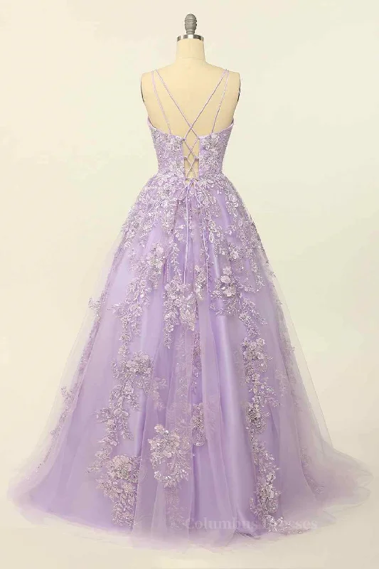 Lilac A-line V Neck Tulle Applique Lace-Up Back Long Prom Dress