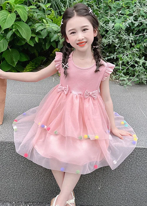 Lovely Pink O-Neck Tulle Patchwork Girls Dress Summer TT042