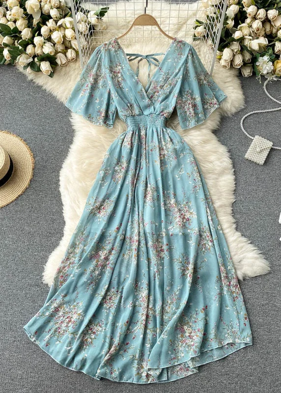 New Blue V Neck Lace Up Print Chiffon Vacation Dresses Summer TR051