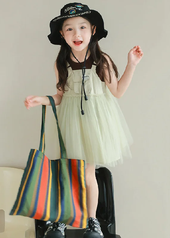 New Light Green Ruffled Tulle Patchwork Girls Mid Dress Sleeveless TT023