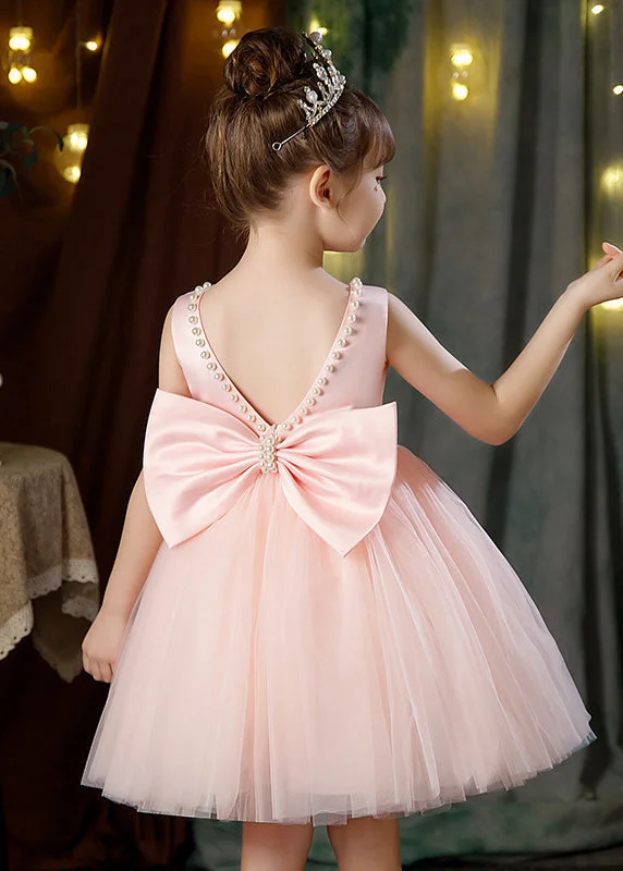 Pink Bow Pearl Patchwork Tulle Girls Dresses Backless Summer TT029