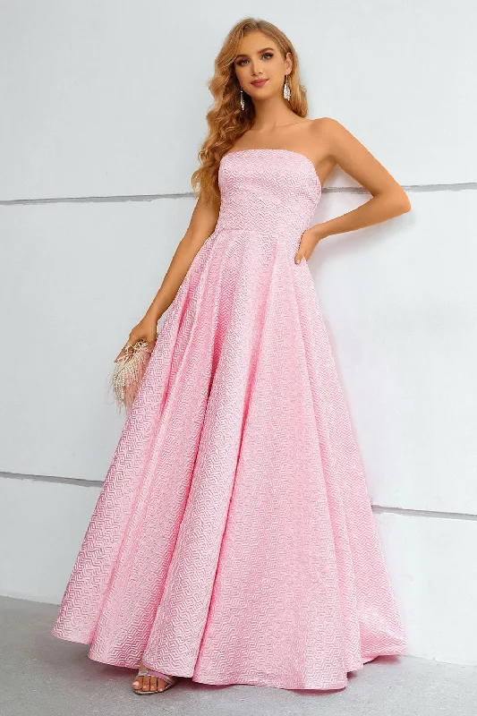 Pink Lace Up A-Line Strapless Prom Dress